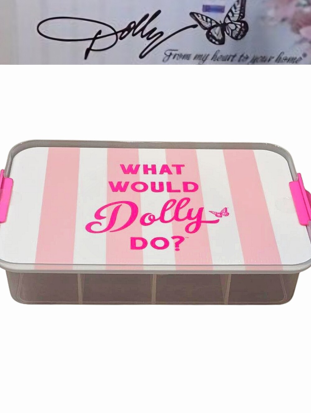 Dolly Parton, "What Would Dolly Do?" Butterfly Stripe Divided Snack Box- Pink